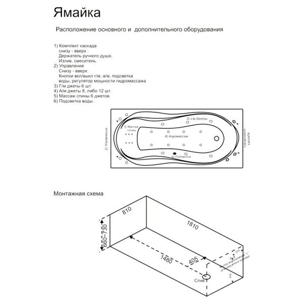 Гидромассажная ванна BAS Ямайка 180х80 (сифон автомат)